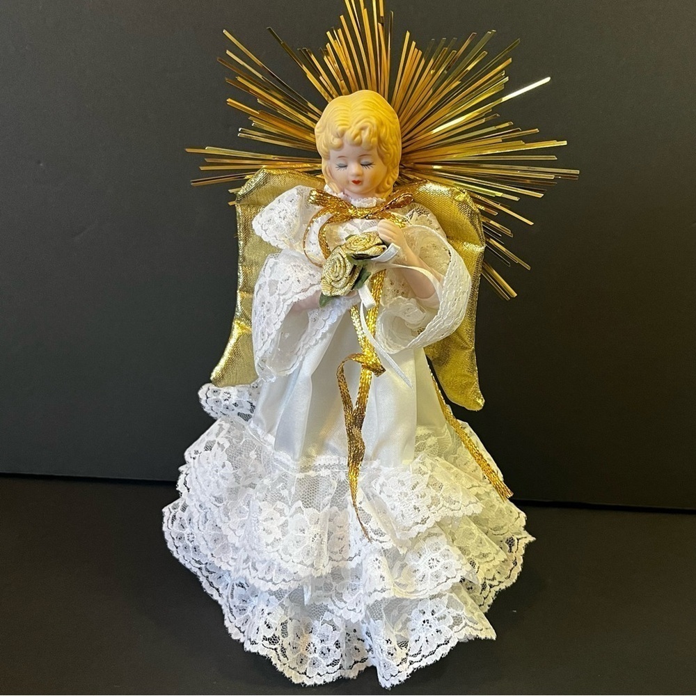 Vintage Christmas Tree Topper Angel Delicate Porcelain Victorian White Gold 60s